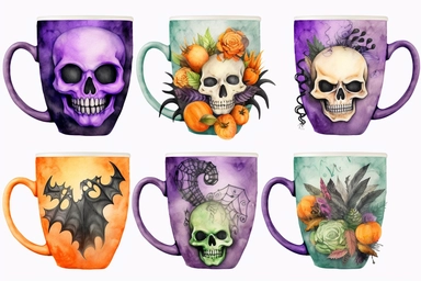 halloween coffee mug, purple, black green, orange, watercolor clipart