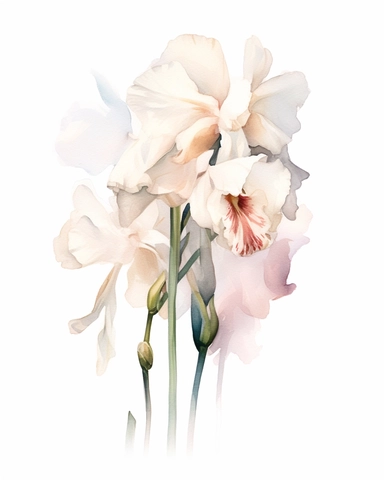 watercolor sketch of an orchid and white flower, Carnation pink and champagne pink, clipart, clean and simple design, realistic color scheme, high-contrast image, white background, long exposure style,
