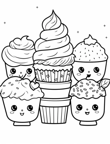 Kawaii Cake Icecream with delightful designs and flavors, like blueberry, chocolate chip, and banana For Simple Coloring page,line art, thick lines, black and white,clipart, illustration, on white background,margin Page 10px
