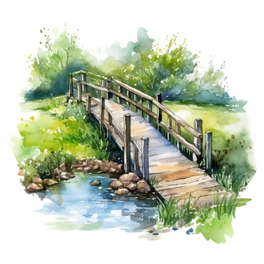 watercolour, wooden bridge over creek, summer, detailed, clipart white background