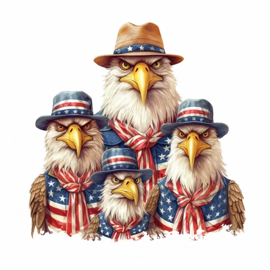 digital clipart, solid white background, a realistic family of martial patriotic eagle wearing 4th July apparel
