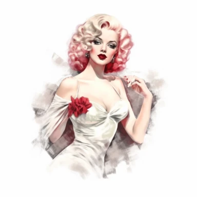 beautiful stunning pretty vintage old hollywood burlesque girl, paint art style, clipart, white background, superrealistic, one of a kind