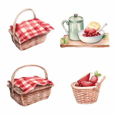 watercolor A clip art 4 set of images featuring a with a picnic setting with a raspberries in a basket on a picnic blanket isolated white background, minimalist, 8K