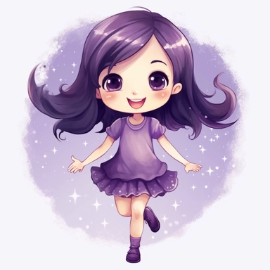 a happy little girl with black hair with a purple dress dancing in front of a mirror, Watercolor Clipart, strybk, full Illustration, 4k, sharp focus, watercolor, smooth soft skin, symmetrical, soft lighting, detailed face, concept art, muted colors, watercolor style, strybk, children's style fairy tales, chibi kawaii, . Octane rendering, 3d. Perfect face, detailed face, delicate face, perfect sharp lips, detailed eyes. Craig Davison, Aubrey Beardsley, Conrad Roset, Aikut Aidogdu, Agnes Cecil, wa
