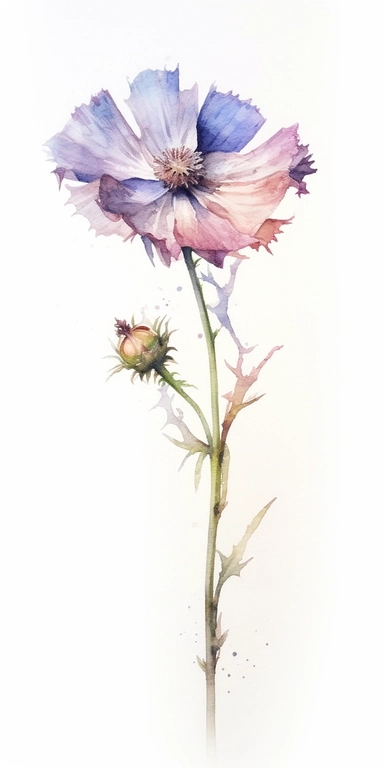 Watercolor Painting of SINGLE STEAM WILD FLOWER on white background beautiful multi - headed pale, Flora Design Patterns, Flemish Baroque by Rachel Ruysch, Behance, Rococo, Intricate Detailed, Soft Light Effect, Oil Paint Strokes, Light Academia Aesthetic Flowers, Lighting cinematic, all shown shimmering stamens, tyndall light, light effect, texture, colorful, 8k, fantasy, ray tracing, depth of field, vivid, spectacular lighting, octane rendering, highly detailed, ultra - realistic, white backgr