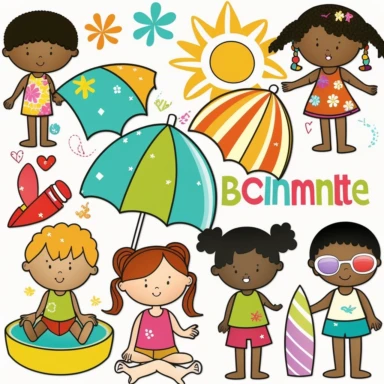 Create a collection of summer-themed clipart featuring elementary age children. Include images of black kids playing at the beach, swimming in a pool, having a picnic, playing with bubbles, flying kites, and any other fun summer activities. The clipart should be colorful, lively, and capture the carefree spirit of summer. Be sure to choose images that will appeal to young children and are appropriate for use in educational materials, such as lesson plans, worksheets, and posters