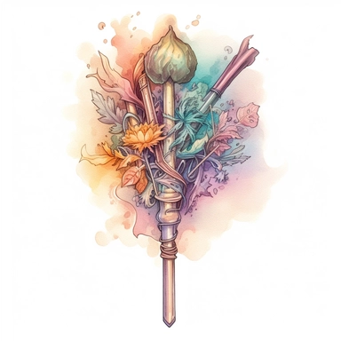 Spooky witches wand clipart image, in the style of mystic mechanisms, subtle pastel tones, pencil art illustrations, soft pastel tones, reimagined by industrial light and magic, litho printing, illusory images, watercolor clipart