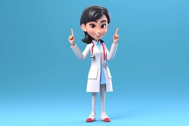 /3d render. Cartoon character young caucasian Chinese woman doctor, wears uniform, shows like gesture thumb up. Medical clip art isolated on blue background. Health care recommendation