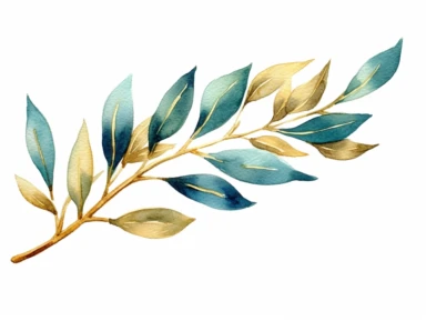 watercolor clipart high detailed teal and gold olive branch on white background, half moon shape, no splashes