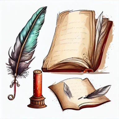 Old book, paper scroll and feather pen sketch, Watercolor clipart, details