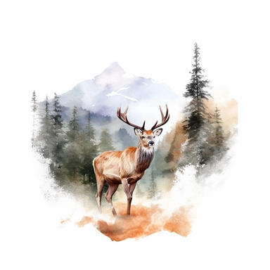 watercolor style, buck deer with the mountain forest in the back clipart, isolated on white background, hd