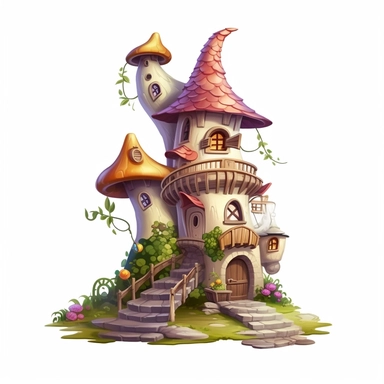 enchanted detailed fantasy fairy tale elf house in cartoon style, creamy warm colors on white plane background, impressive, 4k, clipart