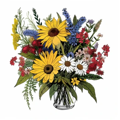 Meadow-Inspired bouquet , large : Create a meadow-inspired arrangement by combining native UK and American flowers that bloom in meadows. Mix cowslips, cornflowers, and red campions from the UK with black-eyed Susans, goldenrods, and butterfly weeds from America, atercolour flower arrangement clipart, vector, intermingled with greenery, white background, no captions, ar 2:2, repeat 10