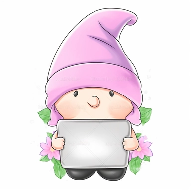 an adorable, cute clipart-style Gonk gnome illustration, perfect for Mother's Day product designs. The gnome should have a sweet, cheerful expression and wear a soft pastel-colored outfit, incorporating gentle shades of pink, lavender, and mint green to convey a warm, motherly vibe. The Gonk gnome should be holding a blank whiteboard in front of him, providing a customizable space for personalized messages or designs. Add charming details such as a floral-patterned hat and a heart-shaped pendant