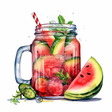 A refreshing watermelon cooler in a mason jar, with a sprig of fresh thyme and a slice of watermelon on the side , Watercolor, pastels, clipart, beautiful, colourfull, png transparent white background, high resolution, no caption q4 s2