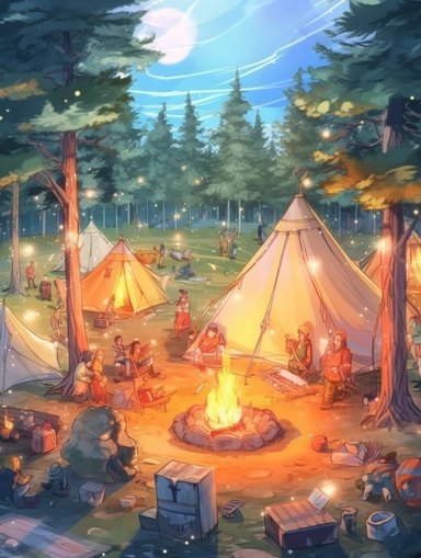 create a hand drawn watercolor clipart depicting campfires surrounded by tents, camping gear, and people enjoying the warmth of the fire, 4k,