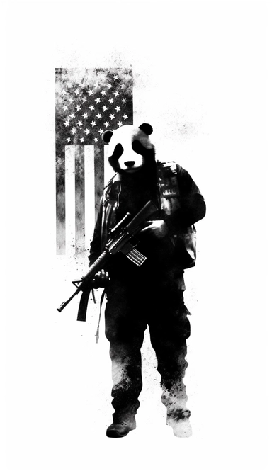 American flag background, Panda dressed as a graffiti artist holding a gun black and white, silhouette, minimalist clip art by Mr. Brainwash
