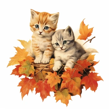 autumn themed scottish fold kittens, vintage clip art