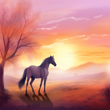 The clipart shows a horse in a delicate and romantic atmosphere. The horse is standing in a picturesque landscape illuminated by a warm, golden evening sun. The background is designed with soft hues like pastel pink, lavender or a soft sunset gradient. The horse itself has an elegant and graceful posture. It has its head slightly lowered as it gazes into the distance, as if filled with dreams and romance. The horse's eyes have a gentle and dreamy expression. The mane and tail are long and flowin