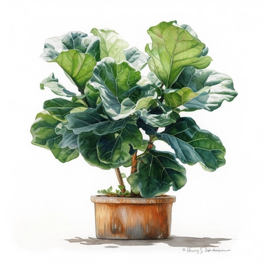 a simple gorgeous Fiddle Leaf Fig - green in a pot on white background clipart, watercolor painting realistic, high quality, vibrant, Vicente Romero Redondo, Willem van Aelst