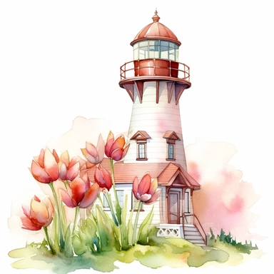 Tulip Lighthouse - As part of the Whimsical Botanical Dwellings collection, this watercolor clipart presents an eye-catching lighthouse built from deep, Roseate Hue tulips and Fern Green leaves. Standing tall and majestic against the white background, the Tulip Lighthouse, with its intricate details and rich colors, draws the eye and captivates the imagination.