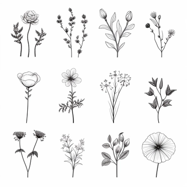 birth flowers clipart set, minimalistic thin line pencil drawing, svg, white background, floral line art