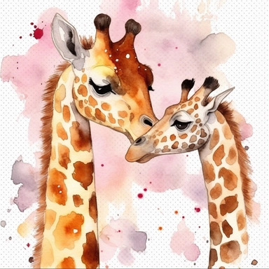cute mom and baby girraffe kissing each other watercolor clipart