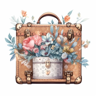 flask, shabby sheek, louis vuitton, floral blooms, overlay watercolor illustration, clipart trunk, highly detailed