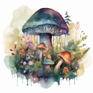 In this watercolor illustration, a mystical mushroom takes center stage, painted with vibrant hues and surrounded by delicate flowers and lush plants. The clipart design captures a magical scene, where fairies flit about in the air, their ethereal forms highlighted against a watercolor backdrop. The white background provides a stark contrast to the dominant forest dark green color scheme, enhancing the enchanting atmosphere of the artwork. The intricate details of the flora and the playful prese