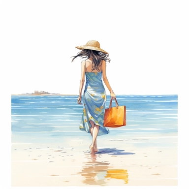 watercolor, hyper realistic, white background, white margins, 16k, ultra detailed clipart, cut out image, hand-drawn, whimsical manhwa style, ultra HD, sharp and clean art a girl wearing maxi dress, flip-flops and carrying a beach bag, walking along the s