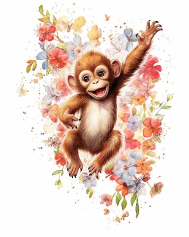 detailed watercolor Baby Monkey jumping on flowers , hyper realistic, isolated on a white background, clipart