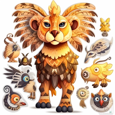 sticker clipart cartoon of lion, full body, Adinkra symbols, the Sankofa bird, the Ankh, and African masks, 3D, disney pixar style, white background ,high definition, high resulotion, highly detailed,16K , 4:7
