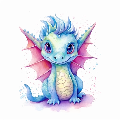 Watercolour Colourful Fantasy baby Dragon Clipart, white background