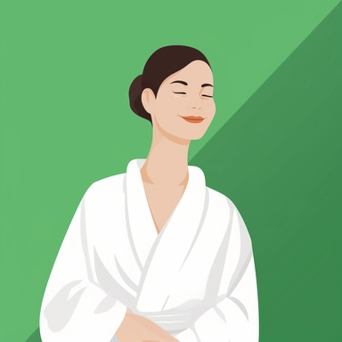 A clipart image of a girl in a white spa robe is isolated on a green background. She is depicted in a relaxed and serene pose, evoking the peaceful atmosphere of a spa. The white spa robe suggests purity and cleanliness, highlighting the hygienic and rejuvenating benefits of spa treatments. The clipart can be used in various contexts, such as on a website, brochure or flyer, to promote a spa or wellness center