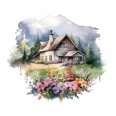 watercolor cottage house wildflowers clipart, far away mountains, subdued colors