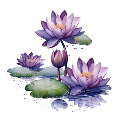 lotus flowers with dark purple blossoms floating on the water artistic watercolor with a delicate touch with shadow gradation white background clipart high quality 8k hyper detailed