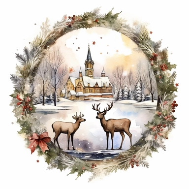 vintage design, advent wreath around, christmas theme Watercolor Cute santa claus wearing Clipart Collection in beautiful winter landscape with a lot of snow and a small lake and a small town with church, moose, advent wreath around, christmas theme, detailed, isolated, white background, one pattern