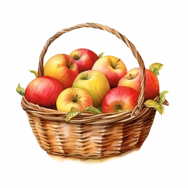 picturesque, simple, bright, the best simple Assorted apple in a basket in the world, clipart on white background, watercolor, painted by Beatrix Potter, 8k