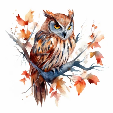a captivating watercolor clipart image with a white background and earthy colors, featuring a wise old owl perched on a branch, its feathers intricately detailed and its eyes filled with knowledge.