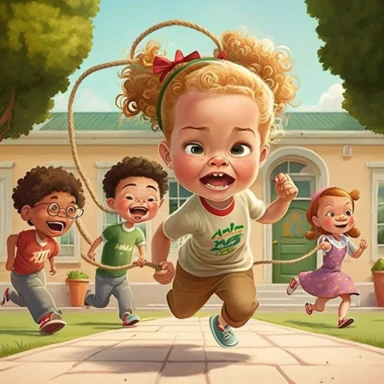 Happy chi ldren play jumping the rope during recesse and catch the ball in the school yard, pixar style, ultra detailed faces, clipart