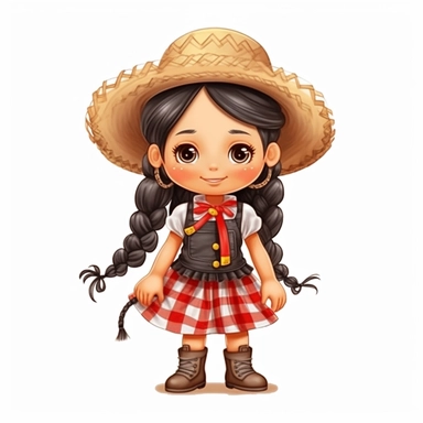 little cute girl , braids in her hair with bows at the ends, smiling, beautiful festa junina dress plaid, hugh eyes, straw hat on her head, boots, clipart style, embarressed with black outline,