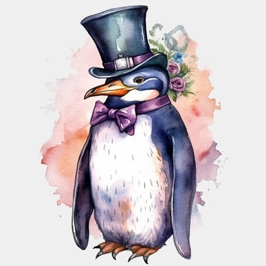 penguin, top hat, full body, cartoon style, baroque, watercolor, colorful, clipart