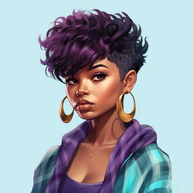 Black Woman Clipart, Pixie haircut girl PNG, Black Girl, Short Pixie hairstyle Black Woman, African American Girl Hand Drawn Art Style PNG, Printable Art Style Sheer Color Style, Artstation, Single Burst of Artifacts, The Background is mostly Black Earth, Blackberry, Grape, and Teal,
