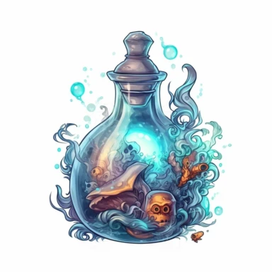 magical potion bottle, magical and mystical, video game style, clean and crisp, clipart, illustration, alchemical, smoke and embelishments, wizards potions, isolated on white background