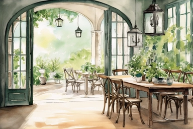 interior design scene, watercolor and ink style, boho green dining with patio doors, clipart on plain white background, nature vibes, super high detail ultra precision 16k HD, clean crisp brushwork, painted by Beatrix Potter