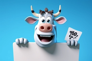 character cartoon cow with banner in clipart 3d image, in the style of unreal engine 5, natalia rak, movie still, matte photo, lightbox, relief, white and cyan