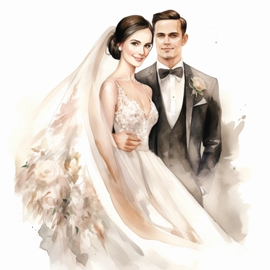 amazing detailed watercolor clipart of a beautiful smiling bride with dark hair and with a beautifully detailed couture dress and a long veil and a handsome groom, solid white background, clean sharp focus