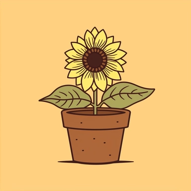 sunflower in a pot, lineart Clipart style on a brown background, minimalist style, mini