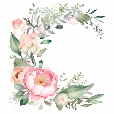 watercolor floral border isolated frame clip art vector illustration, peony and eucalyptus, pink, peach, green, and white, watercolor decorative border with flowers, seamless border, soft watercolor, minimalist, Style of Soft edges and atmospheric effects, in the style of subtle color variations, pastoral charm, romantic, embroidery, organic realism, isolated white background, soft focus technique, tattoo-inspired, delicate composition, accurate and detailed, realistic hyper-detail, 8k