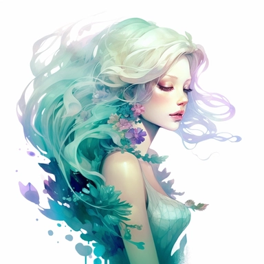 violet blond mermaid girl isoleted on white background, in the style of anna dittmann, emerald and aquamarine, zhang jingna, detailed painting, detailed character illustrations, fluid, watery, organic shapes, transparent/translucent medium, isoleted on white background, total body, mermaid body, seashells, clipart